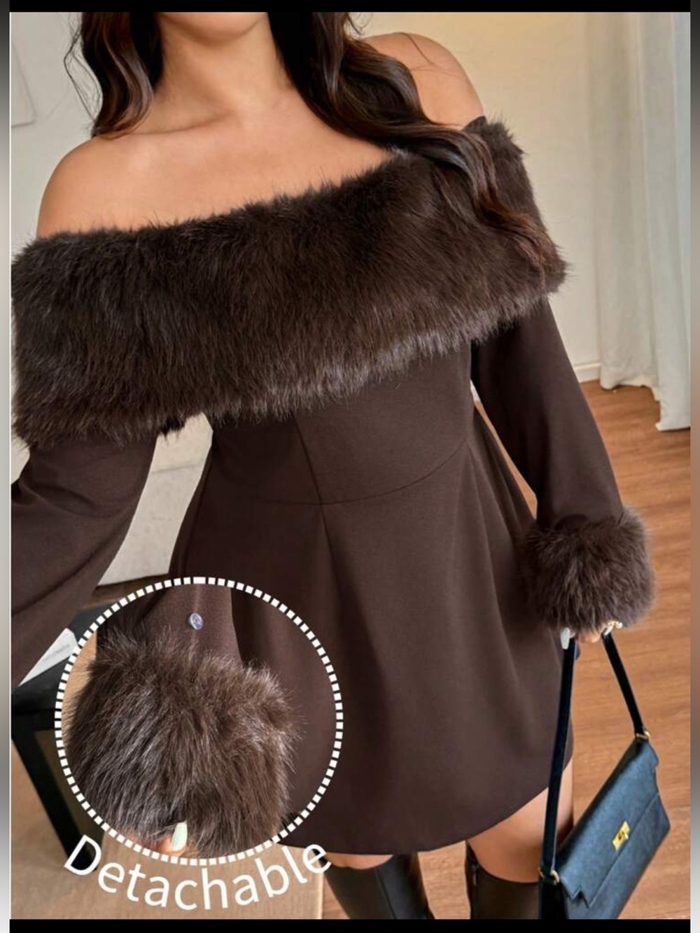 Off-Shoulder Brown Faux-Fur Trim Mini Dress Size 2xl BNWOT